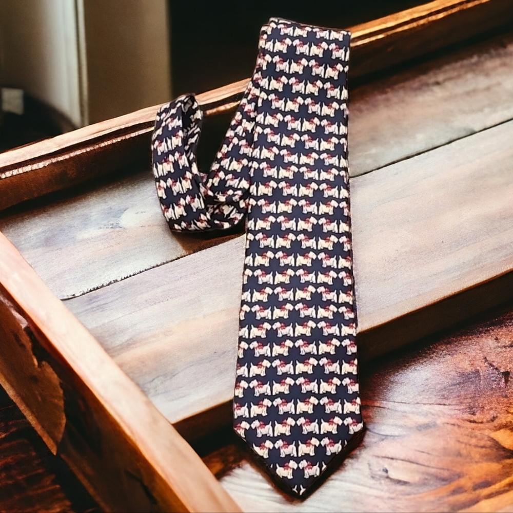 VINTAGE BEAUFORT Silk Dog Print Tie Navy Preppy Mens Necktie Yorkie Terrier - Picture 7 of 11